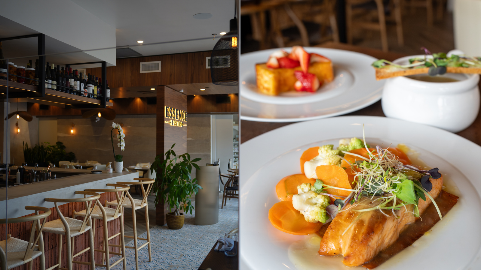 Collage of images including a beautifully decorated restaurant and a table at a restaurant with a number of dishes on it