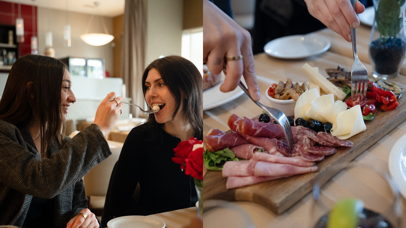 Collage of images including a couple at a restaurant where one of them is feeding the other and an image of a charcuterie board