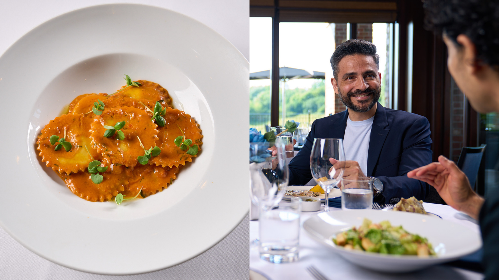 Collage of images including a bowl of stuffed pasta covered in sauce and an image of two people chatting over dinner at a restaurant