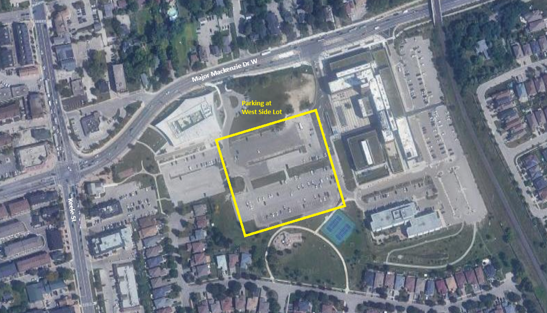 A Google map identifying the West Side parking lot at City Hall within a yellow square box.