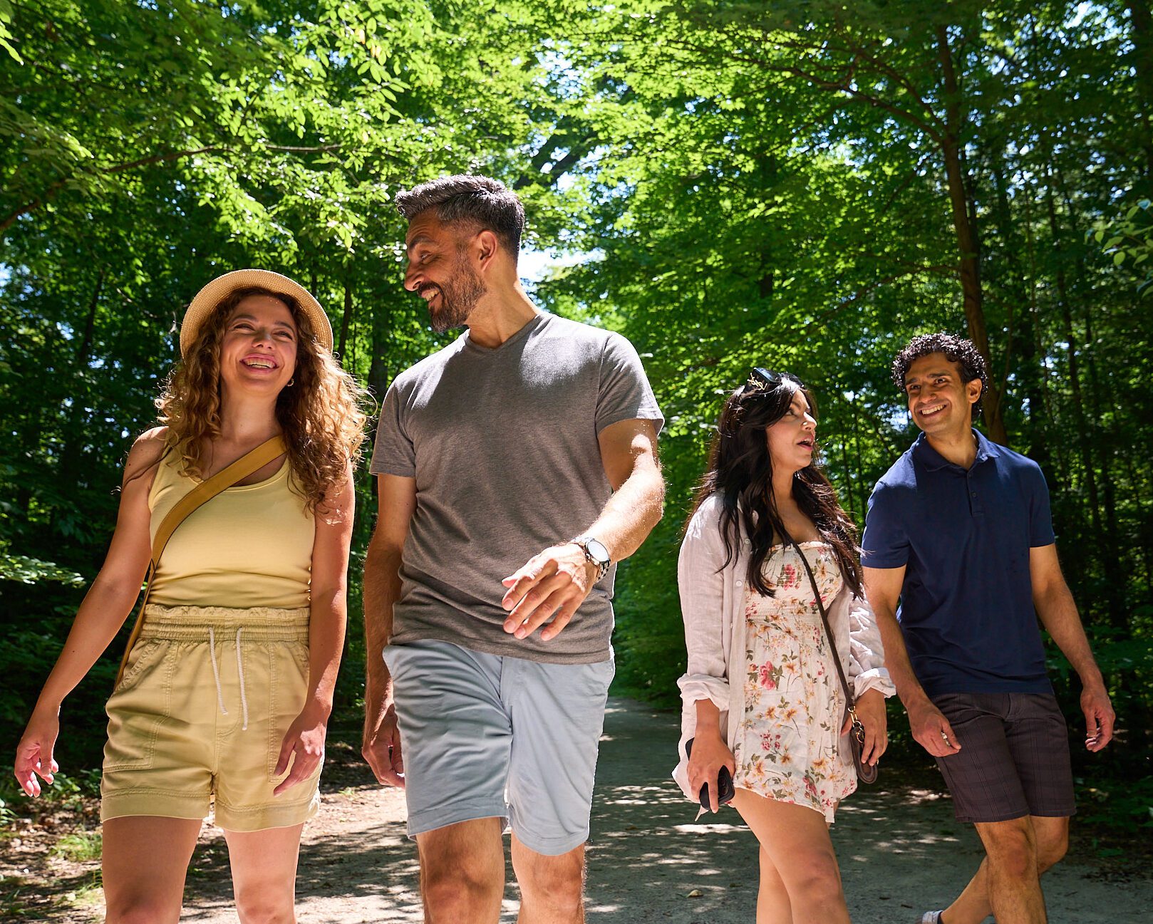 Image of four adults walking down a path in a forest.